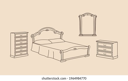 Contour icons of furniture for the interior of a bedroom in a classic style: chest of drawers, mirror, bed	
