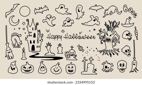 Contour icons for Halloween. Halloween icons. A set of Halloween doodles, creepy silhouettes. Halloween Stickers