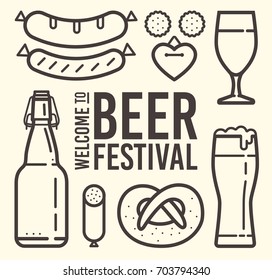 Contour of icons on theme of beer festival: beer mug, sausages, pretzel, bavarian hat, accordion, gingerbread. Welcome to Beer Festival