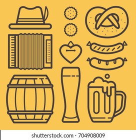 Contour of icons on theme of beer holiday: bottle and glass of beer, sausages, barrel, pretzel, gingerbread. Welcome to beer festival.