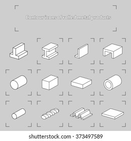 Contour Icons Of Rolled Metal Products / Isometric Contour Icons Of Various Kinds Of Metal Products