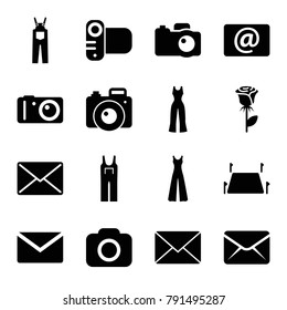 Contour icons. set of 16 editable filled contour icons such as jumpsuit, mail, rose, camera, email