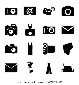 contour icons set. Set of 16 contour filled icons such as jumpsuit, rose, camera, email, land territory