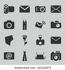 Contour icons set. set of 16 contour filled icons such as jumpsuit, rose, camera, email, land territory