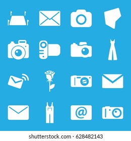 Contour icons set. set of 16 contour filled icons such as jumpsuit, rose, camera, email, land territory