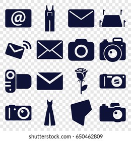 Contour icons set. set of 16 contour filled icons such as jumpsuit, rose, camera, email, land territory