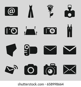 Contour icons set. set of 16 contour filled icons such as jumpsuit, rose, camera, email, land territory
