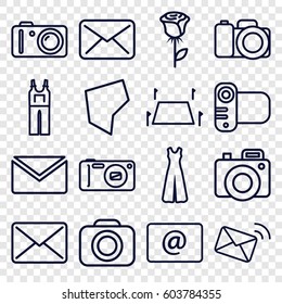Contour icons set. set of 16 contour outline icons such as jumpsuit, camera, email, land territory, mail