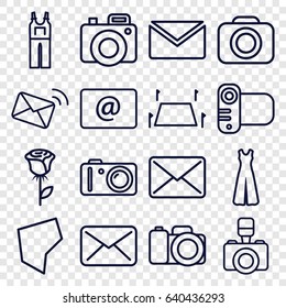 Contour icons set. set of 16 contour outline icons such as jumpsuit, camera, email, land territory, mail