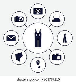 contour icons set. Set of 9 contour filled icons such as jumpsuit, rose, email, camera, land territory