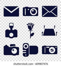 Contour icons set. set of 9 contour filled icons such as rose, camera, land territory