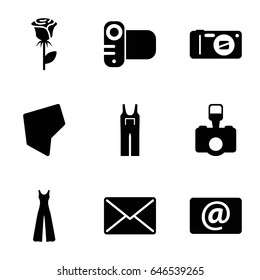 Contour icons set. set of 9 contour filled icons such as jumpsuit, rose, camera, email, land territory