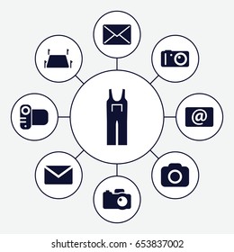 Contour icons set. set of 9 contour filled icons such as jumpsuit, camera, email, land territory