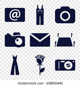 Contour icons set. set of 9 contour filled icons such as jumpsuit, rose, email, camera, land territory