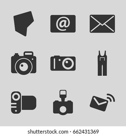 Contour icons set. set of 9 contour filled icons such as jumpsuit, camera, email, land territory