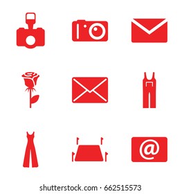 Contour icons set. set of 9 contour filled icons such as jumpsuit, rose, email, camera, land territory