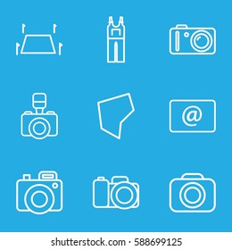 contour icons set. Set of 9 contour outline icons such as jumpsuit, email, camera