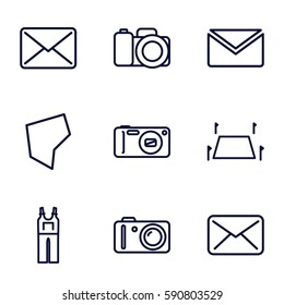 contour icons set. Set of 9 contour outline icons such as jumpsuit, camera, land territory
