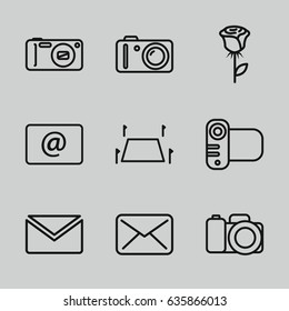 Contour icons set. set of 9 contour outline icons such as camera, email, land territory, rose