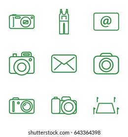 Contour icons set. set of 9 contour outline icons such as jumpsuit, email, camera, land territory