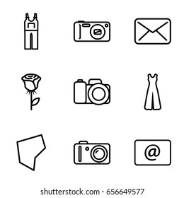 Contour icons set. set of 9 contour outline icons such as jumpsuit, email, camera, land territory, rose