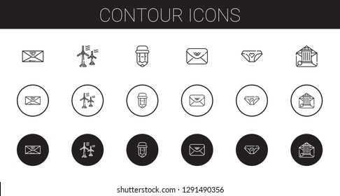 contour icons set. Collection of contour with envelope, wind turbine, pencil, panties, email. Editable and scalable contour icons.