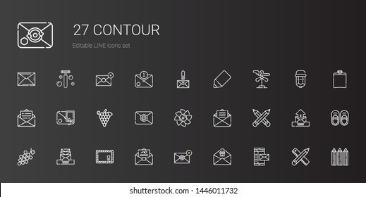 contour icons set. Collection of contour with mail, email, envelope, grape, pencils, turbine, grapes, wind turbine, pencil, sandals, hip flask. Editable and scalable contour icons.