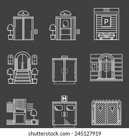 Contour icons vector collection of different types doors. White line vector icons set for different doors for buildings on black background.