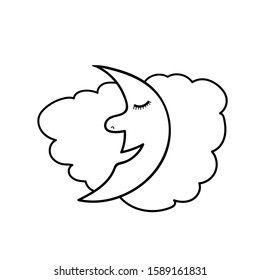 Contour iillustration of moon and clouds stars in doodle style. Coloring book page element