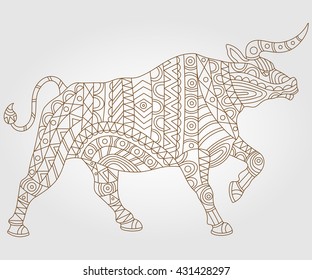 Contour Illustration With Abstract Bull, Dark Outline On A Light Background