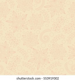 Contour illustration of abstract flowers, vector seamless pattern. Seamless pattern with flowers and indian elements. Endless floral pattern, hand-drawn. Perfect for wallpapers, textile print 
