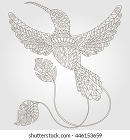 Contour illustration of abstract hummingbird, dark outline on a light background

