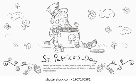 Contour illustration banner in the style of childrens doodle, for decoration of designs, on the theme of the St. Patricks Day holiday, A girl in a leprechaun costume holds a kite with gold coins