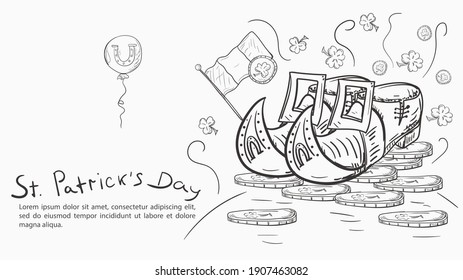 Contour illustration banner in the style of childrens doodle for decorating designs on the theme of St. Patricks Day, shoes leprechaun shoes stand on a pile of gold coins