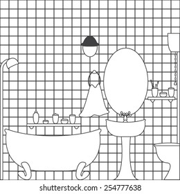 Contour illustration of bathroom and water closet interior with ceramic tile wall, bathtub, big oval mirror, washstand, shelves with tubes, toothbrushes, towel, lamp on ceiling in flat style