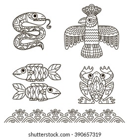 contour illustration, black and white picture, coloring page, set of totem, stylized animals
