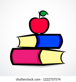 Contour illustration of books and apple, symbol of education. Vector design.