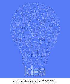 Contour illustration of bulbs in the form of a large light bulb on a blue background. Idea. Vector element for your design