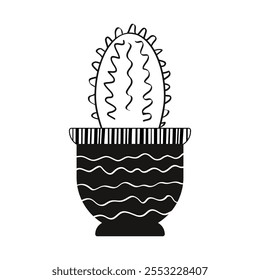 Contour illustration of a cactus in a pot, black and white silhouette of a cactus, hand-drawn, abstract shape. An exotic indoor plant. Stylish print, logo, icon.