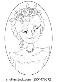 contour illustration with children's drawing for self-coloring with the image of a cute girl with traditional Mexican hair and makeup in the style of Calavera Katrina