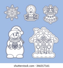 Contour illustration. Christmas gingerbread. Christmas. Christmas toys. Snowman. Candle. Bell. Star. House. Decorative elements.