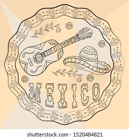 contour illustration circular ornament sticker with skulls Mexican theme for decoration design guitar and hat sombrero and lettering country name vector EPS 10