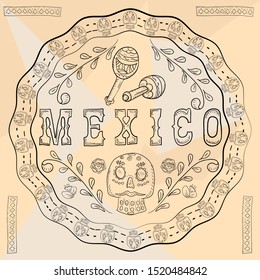 contour illustration circular ornament sticker with skulls Mexican theme for decoration skull with maracas among flowers inscription country name vector EPS 10