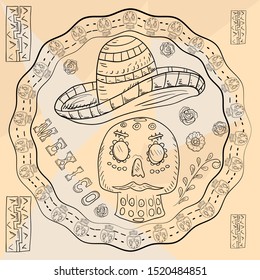 contour illustration circular ornament sticker with skulls Mexican theme for decoration skull with sombrero among flowers inscription country name vector EPS 10