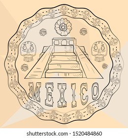 contour illustration circular ornament sticker with skulls Mexican theme for decoration pyramid of Indians and inscription country name vector EPS 10