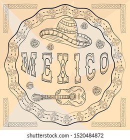 contour illustration circular ornament sticker with skulls Mexican theme for decoration large inscription in the middle guitar and sombrero country name vector EPS 10