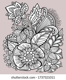contour illustration coloring book anti stressful colored background for adults and children flowers bouquet ornament print vector stroke line