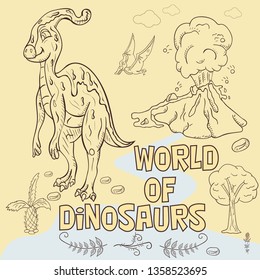 contour illustration coloring cartoon of small dinosaurs and trees, plants, stones, for design in the style of Doodle in a circular ornament vector