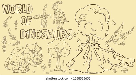 contour illustration coloring of small dinosaurs and trees, plants, stones, for design in the style of Doodle vector
