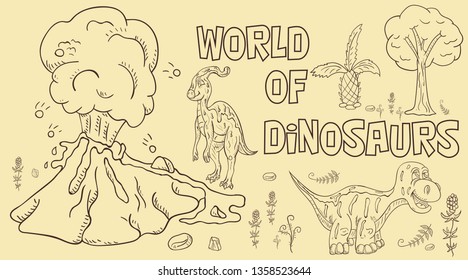 contour illustration coloring of small dinosaurs and trees, plants, stones, for design in the style of Doodle vector